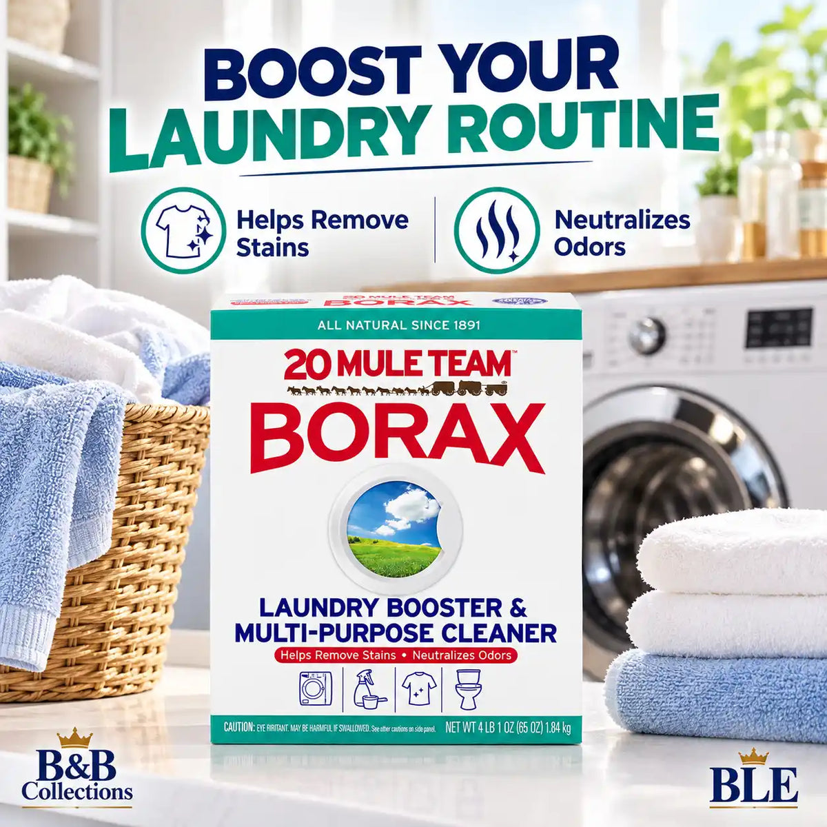 20 Mule Team Borax Laundry Booster & Multi-Purpose Household Cleaner, Helps Remove Stains & Neutralize Odors, All Natural, 4 lb (65 oz / 1.84 kg)