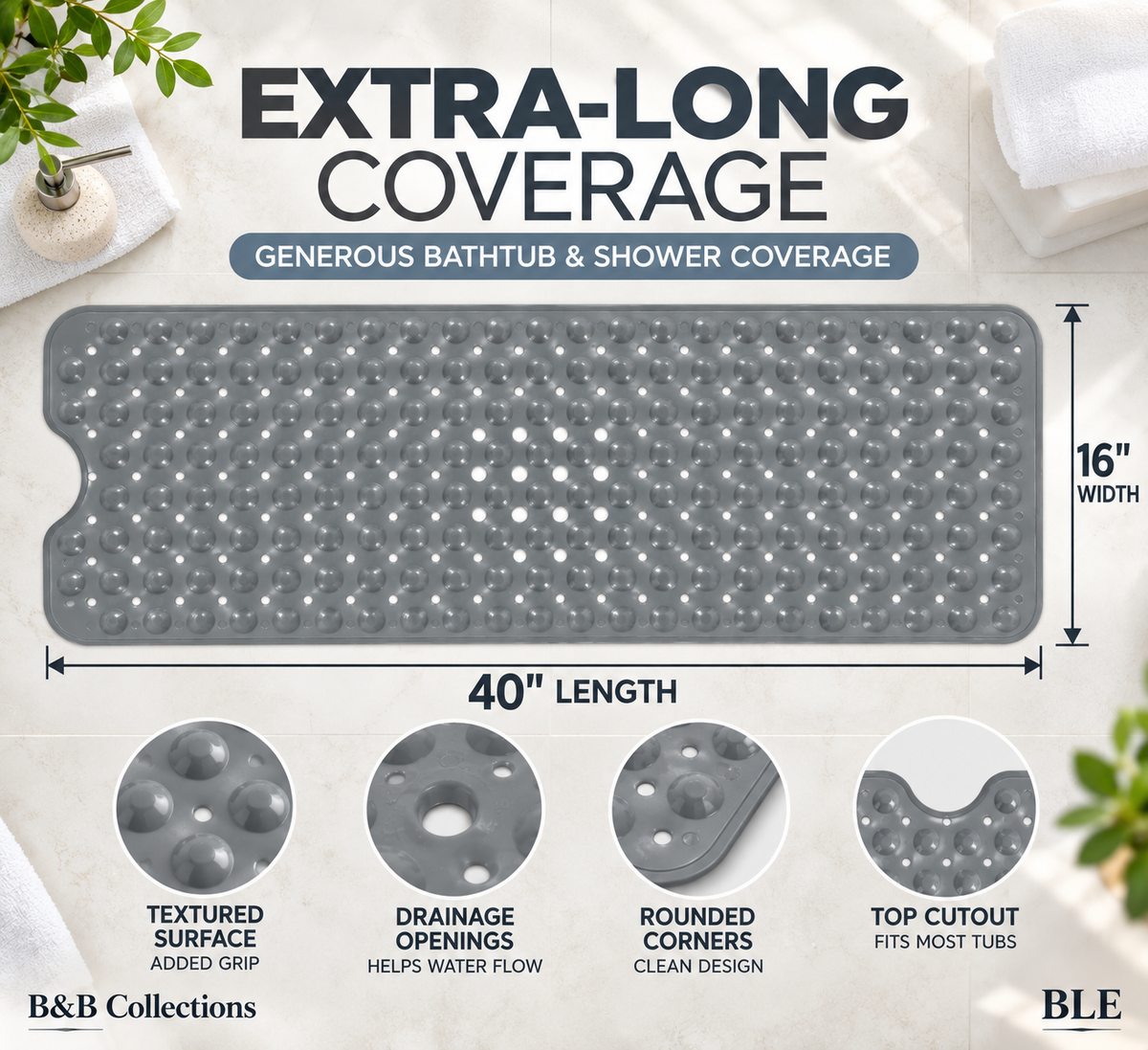 RCH Bath Tub Mat Non-Slip 40 x 16 Inch - Shower Mat for Bathtub with Suction Cups - Machine Washable (LIGHT GREY)