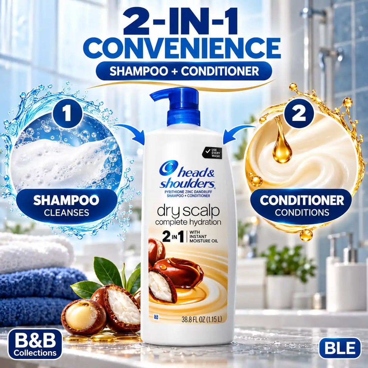 Head & Shoulders Dry Scalp Complete Hydration 2-in-1 Shampoo + Conditioner with Instant Moisture Oil, 38.8 fl oz (1.15 L)
