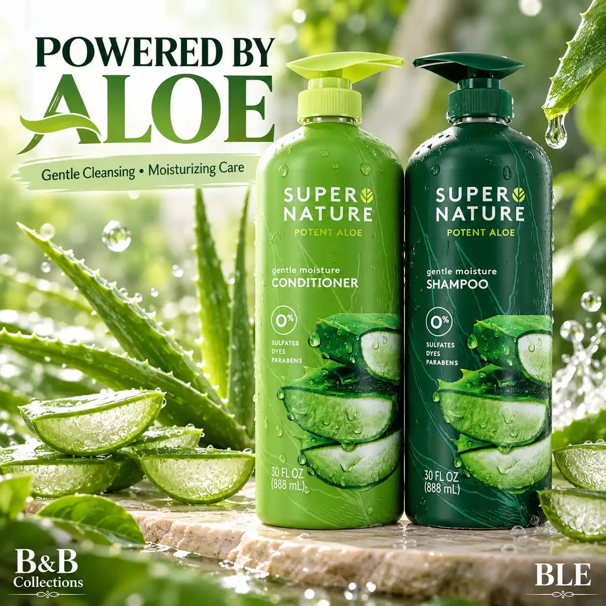 Super Nature Potent Aloe Gentle Moisture Shampoo and Conditioner Sulfates Free, 30 Fl Oz
