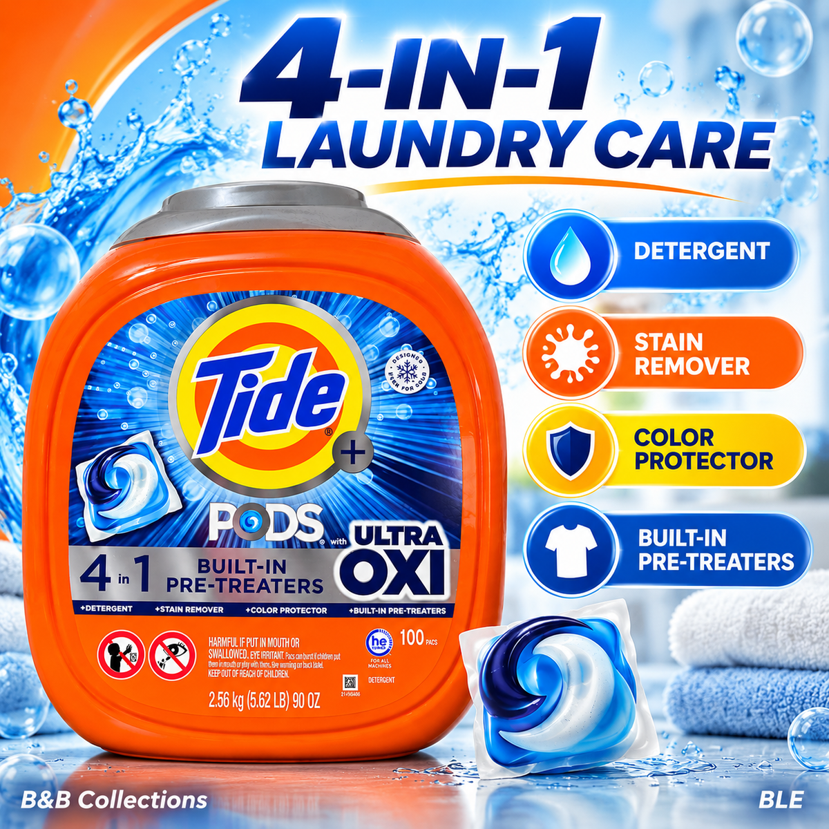 Tide PODS + Ultra OXI Laundry Detergent Pacs, 4-in-1 with Built-In Pre-Treaters, HE Compatible, 100 Count, 90 oz