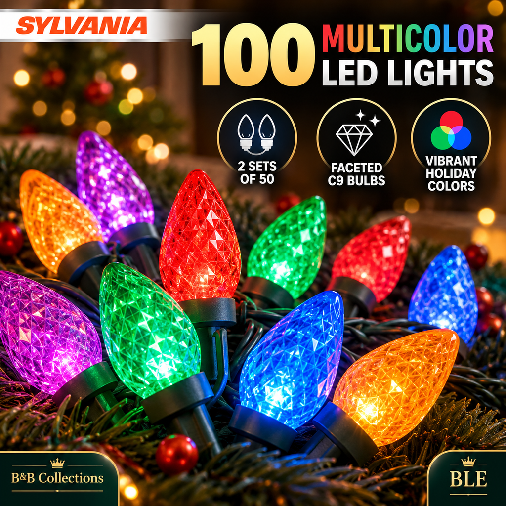Sylvania Stay-Lit C9 Faceted LED Christmas Lights, Multicolor, 100 Bulbs, 2 Sets of 50, Indoor/Outdoor Holiday String Lights