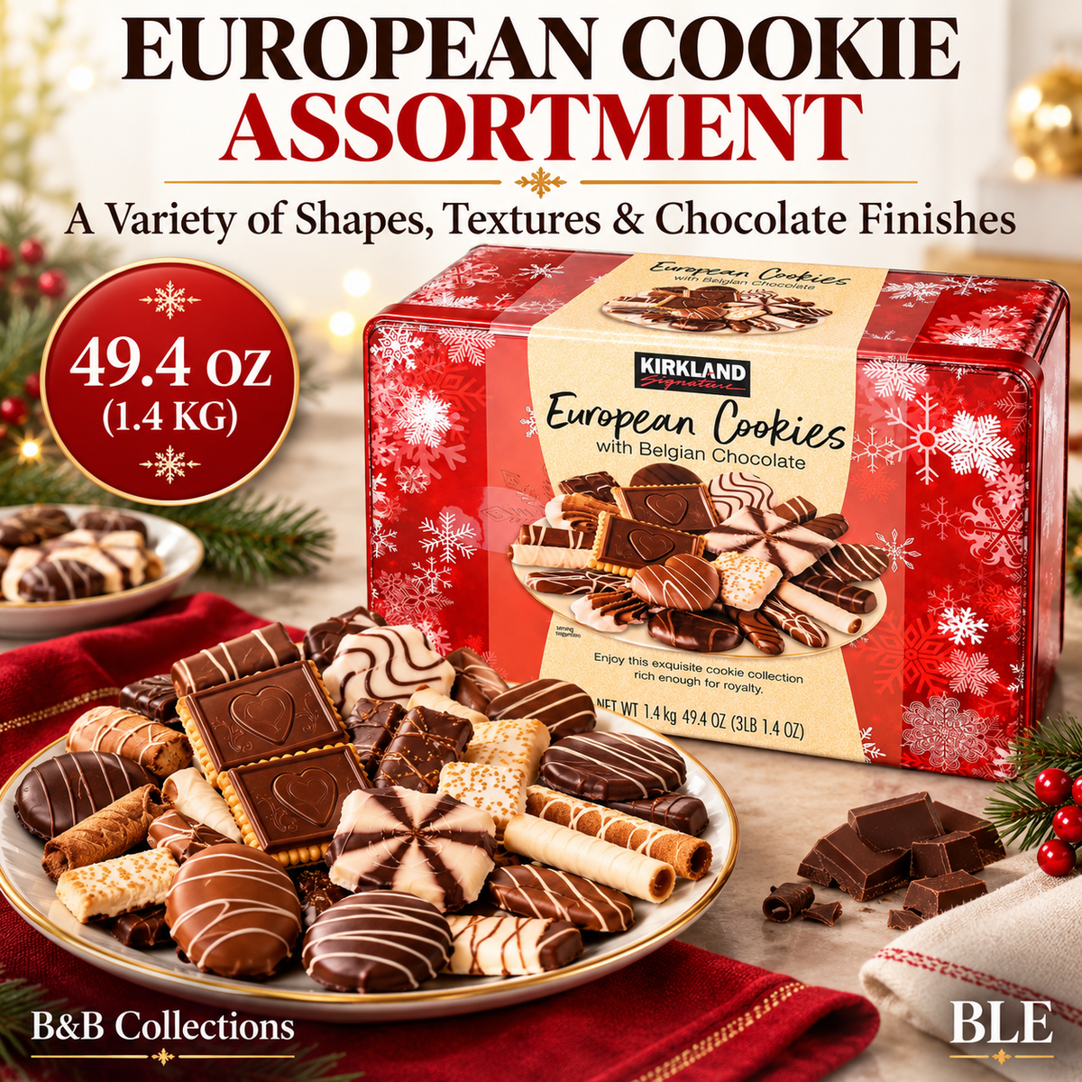 Kirkland Signature European Cookies with Belgian Chocolate, Holiday Assortment, 49.4 oz (3 lb 1.4 oz)