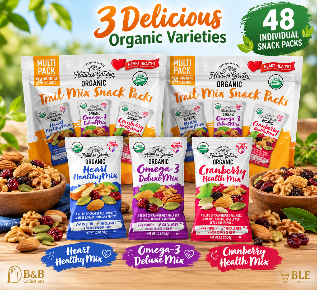 Nature's Garden Organic Trail Mix Snack Packs, 48 Individual Bags, 2-Pack, Heart Healthy Nut & Fruit Mix Variety, 1.2 oz Each