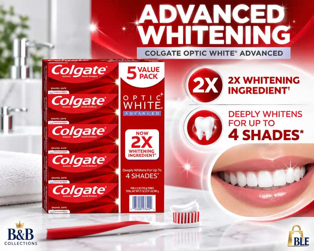 Colgate Optic White Advanced Whitening Fluoride Toothpaste, Sparkling White, 4.2 oz Tubes, 5 Pack, 21 oz Total
