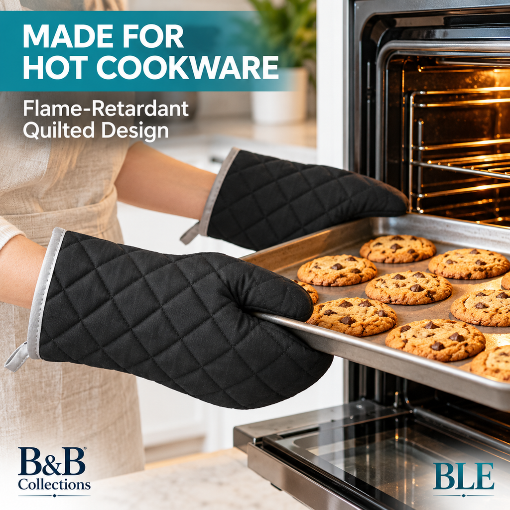 Nouvelle Legende Flame Retardant Quilted Oven Mitts, Heat-Resistant Kitchen & Outdoor Cooking Gloves, Black, 2-Pack