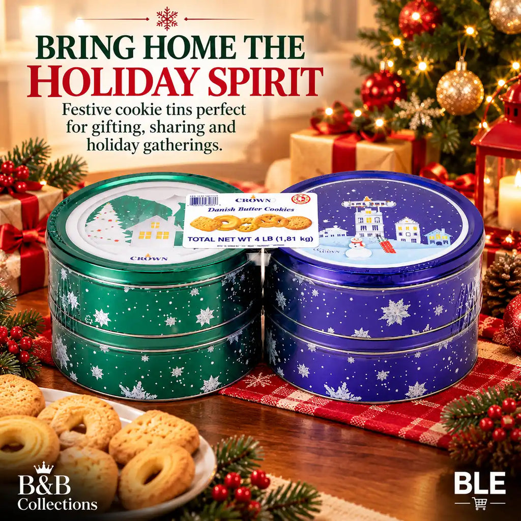 Holiday Winter Village Decorative Cookie Tins, Assorted Christmas Designs, Green & Purple Metal Tins, 4-Pack, 4 lb Total
