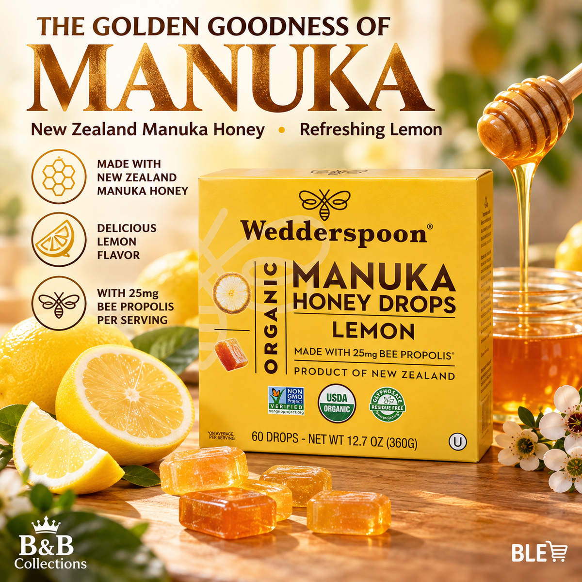 Wedderspoon Organic Manuka Honey Drops, Lemon Flavor, Made with 25mg Bee Propolis, Slow-Dissolving Honey Lozenges, 60 Drops, 12.7 oz (360g)