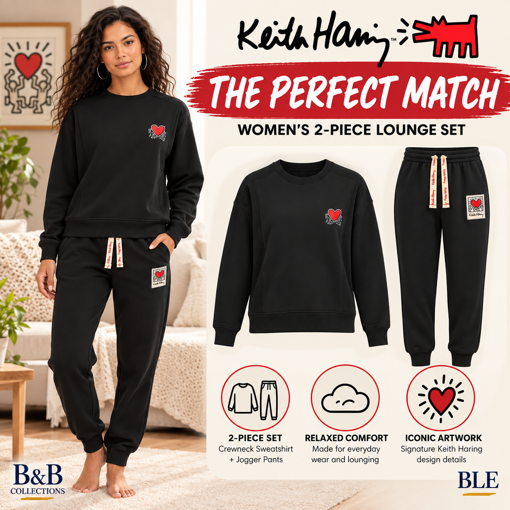Keith Haring Women's 2-Piece Crewneck Sweatshirt & Jogger Fleece Lounge Set, Black, Medium