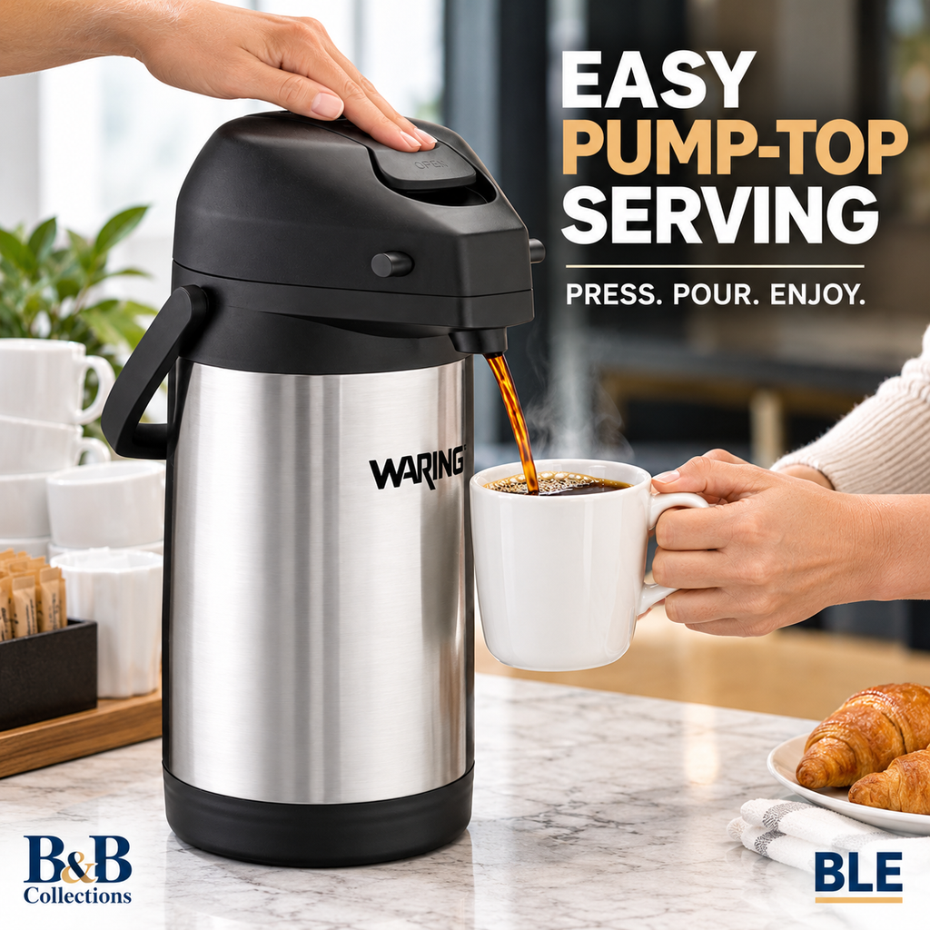 Waring Commercial WCA22 Stainless Steel Airpot, 2.2 Liter Insulated Beverage Dispenser with Pump Top, Silver & Black