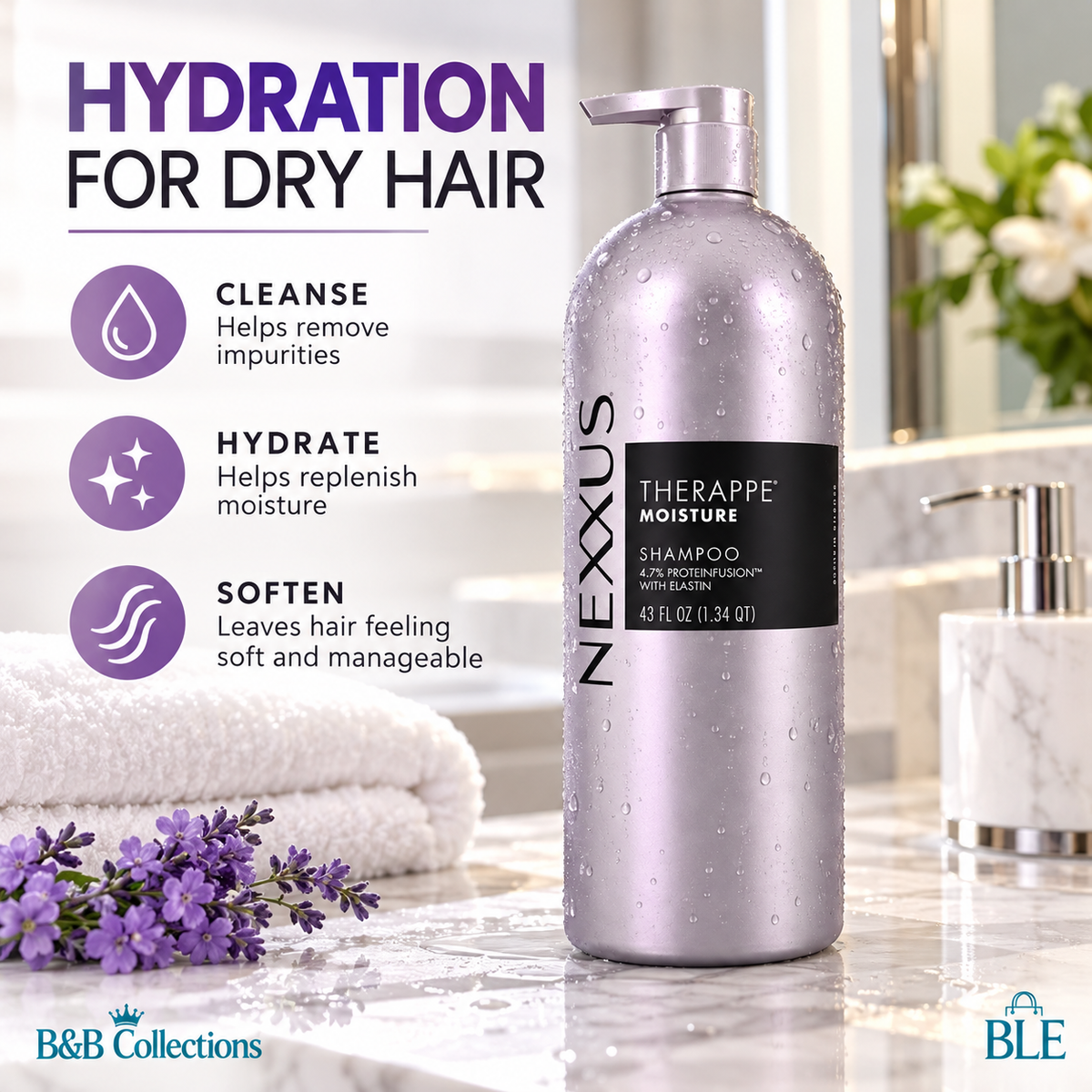 Nexxus Therappe Moisture Shampoo, 43 fl oz, Hydrating Shampoo for Dry Hair, Salon-Quality Hair Care, Pump Bottle