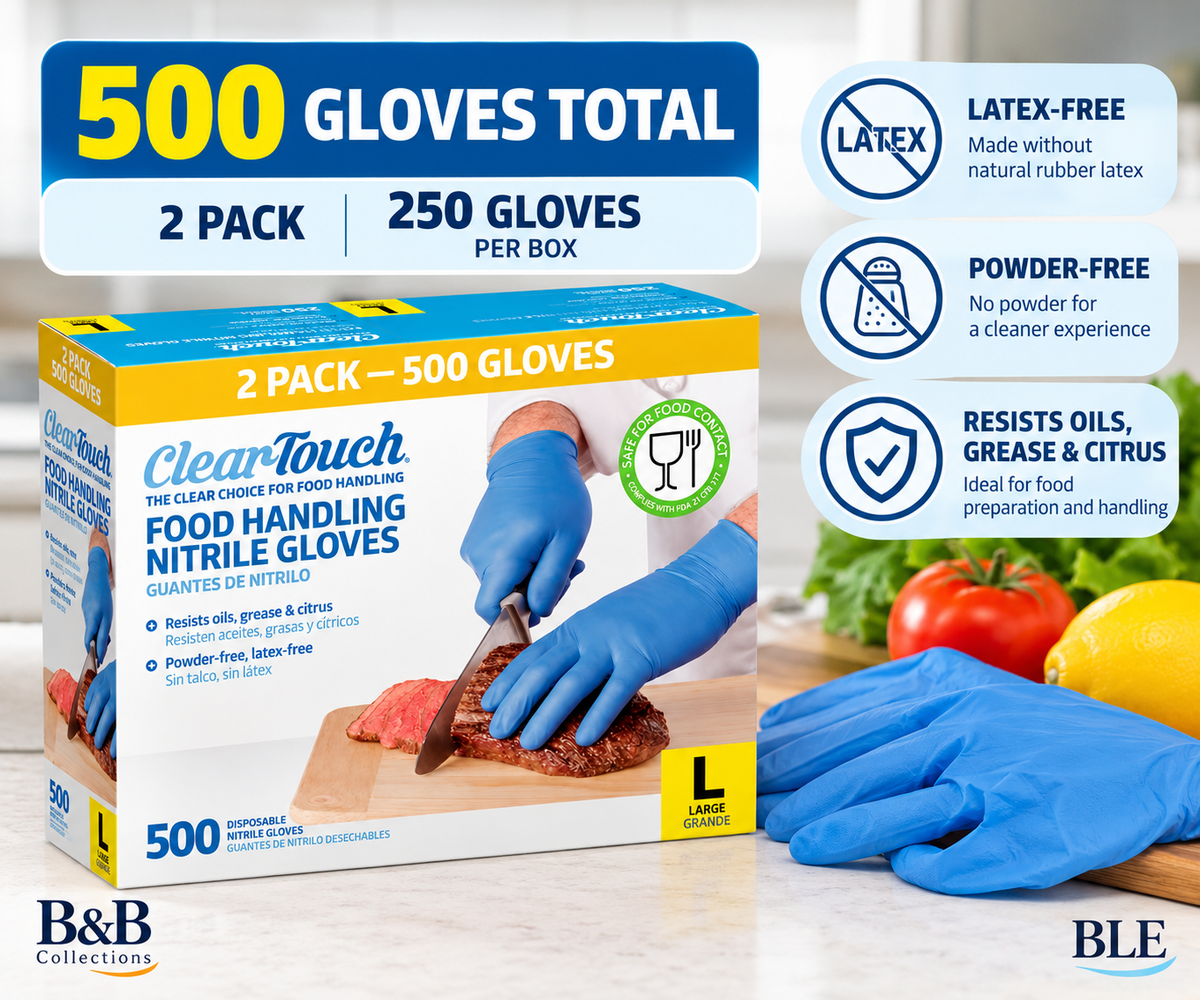 Medline Clear-Touch Food Handling Nitrile Gloves, Latex-Free & Powder-Free, Blue Disposable Gloves, Large, 2-Pack, 500 Count (250 per Box)