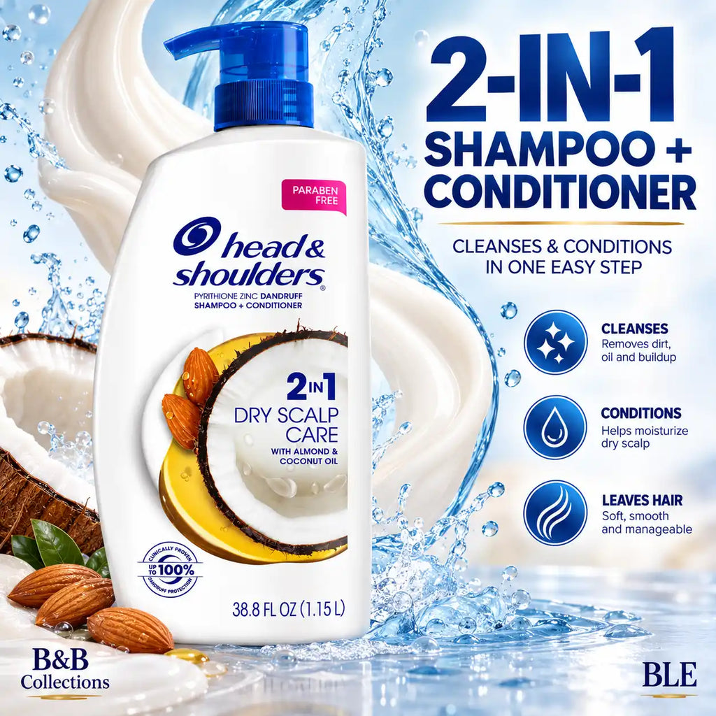 Head & Shoulders 2-in-1 Dry Scalp Care Anti-Dandruff Shampoo & Conditioner with Almond & Coconut Oil, Paraben Free, 38.8 fl oz (1.15 L), Pump Bottle