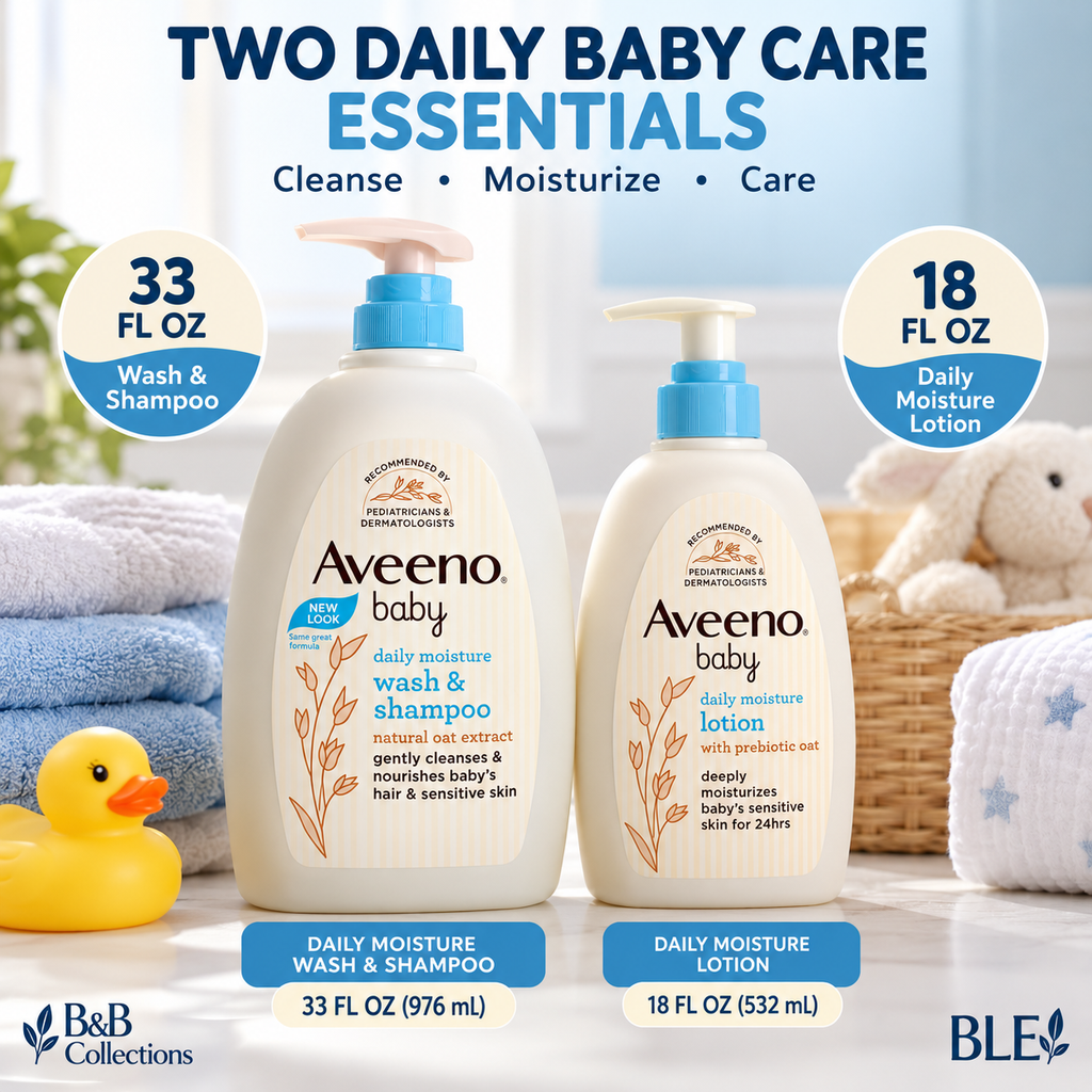 Aveeno Baby Daily Moisture Set, Wash & Shampoo 33 fl oz + Lotion 18 fl oz, With Natural Oat Extract & Prebiotic Oat, Gentle Baby Skin Care, 2-Piece Set