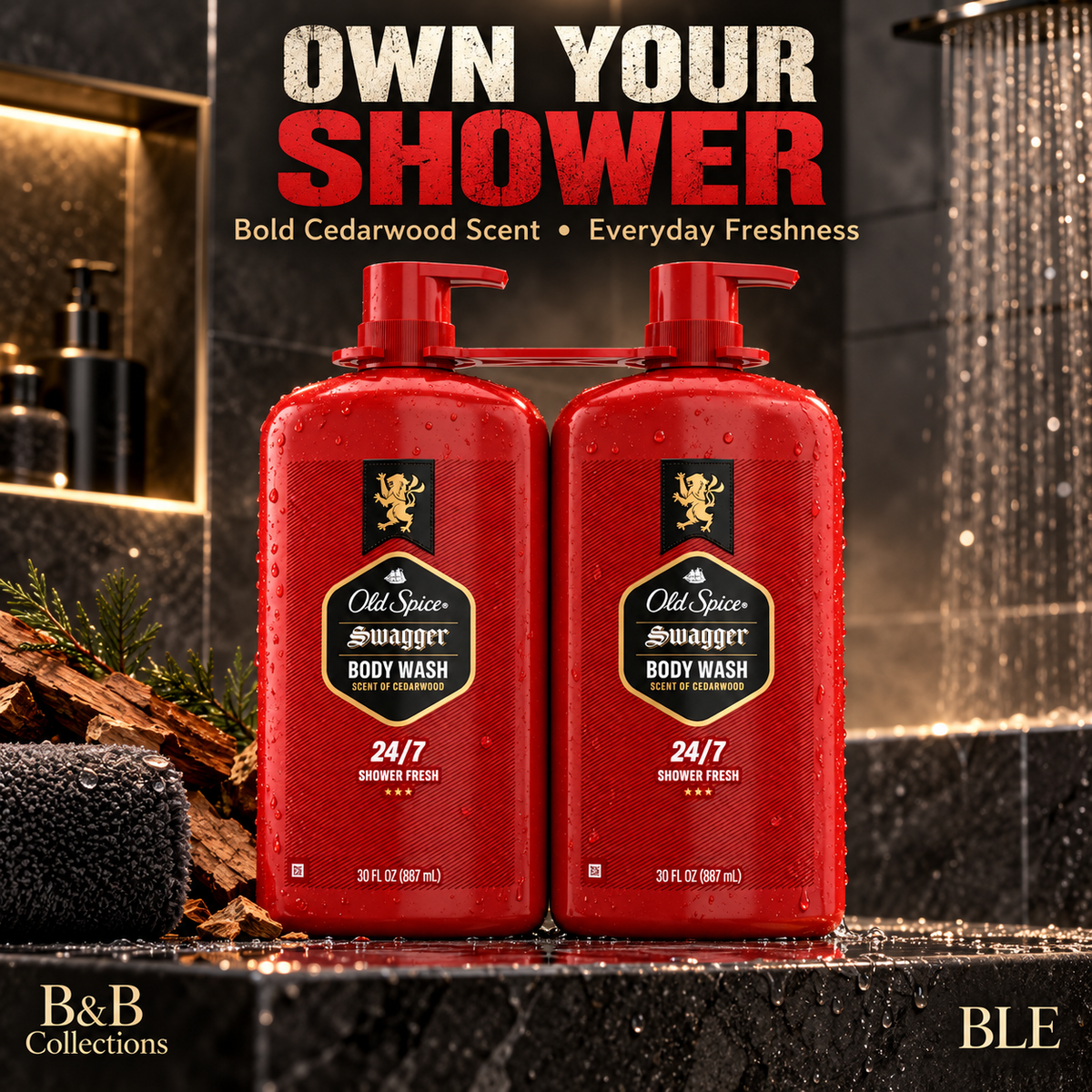Old Spice Swagger Body Wash for Men, Cedarwood Scent, 24/7 Shower Fresh, 30 fl oz Each, 2 Pack (60 fl oz Total)