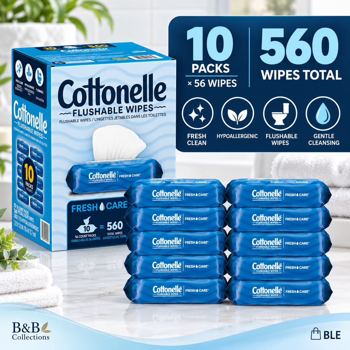 Cottonelle Fresh Care Flushable Wipes, 560 Total Wipes, 10 Packs of 56, Hypoallergenic Moist Cleansing Wipes