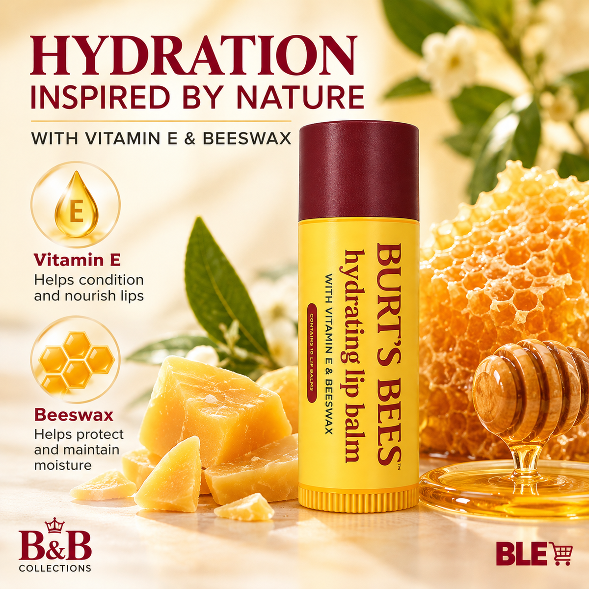 Burt’s Bees Hydrating Lip Balm with Vitamin E & Beeswax, Moisturizing Lip Care, Helps Soften and Smooth Dry Lips