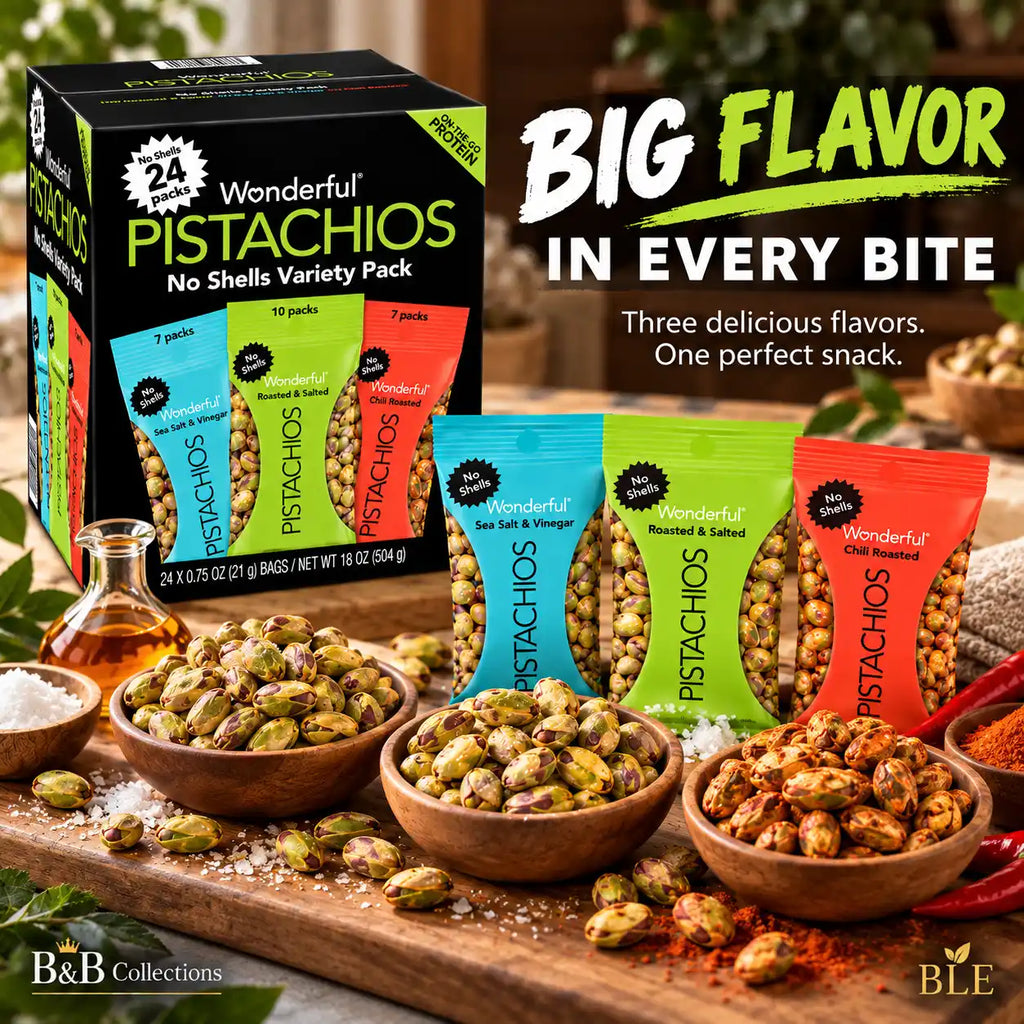 Wonderful Pistachios No Shells Variety Pack, 24 Individual Snack Bags, Roasted & Salted, Sea Salt & Vinegar, Chili Roasted, 0.75 oz Each, 18 oz Total