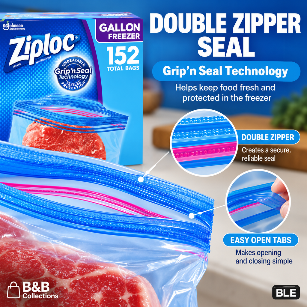 Ziploc Gallon Freezer Bags, Double Zipper Grip 'n Seal Technology, Easy Open Tabs, Freezer-Safe Food Storage Bags, 152 Count