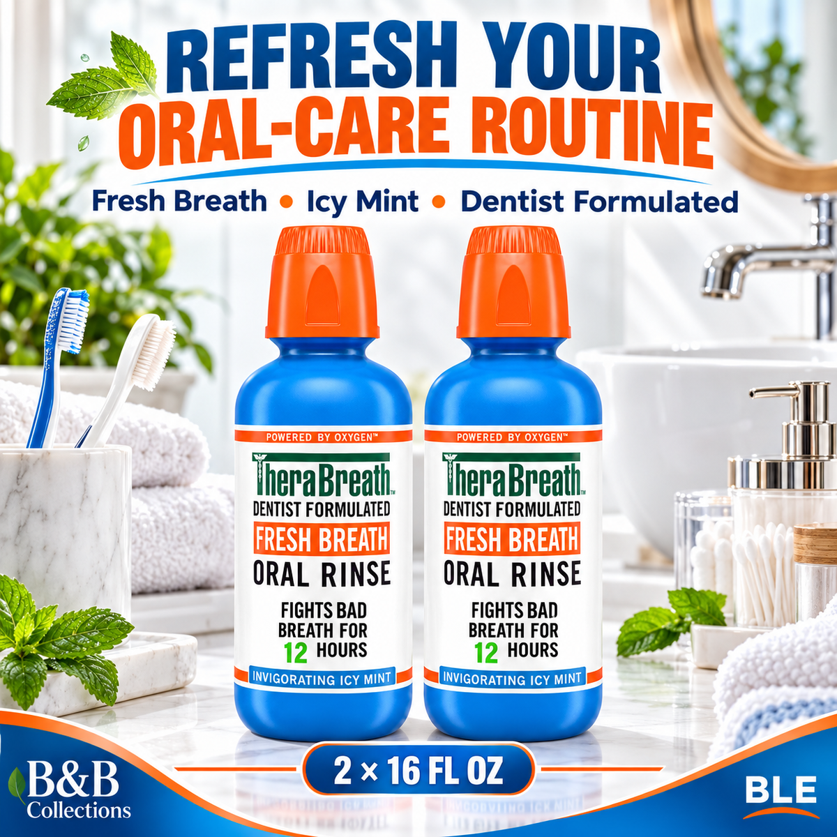 TheraBreath Fresh Breath Oral Rinse, Invigorating Icy Mint, Dentist Formulated, Fights Bad Breath for 12 Hours, 16 fl oz Each, 2 Count