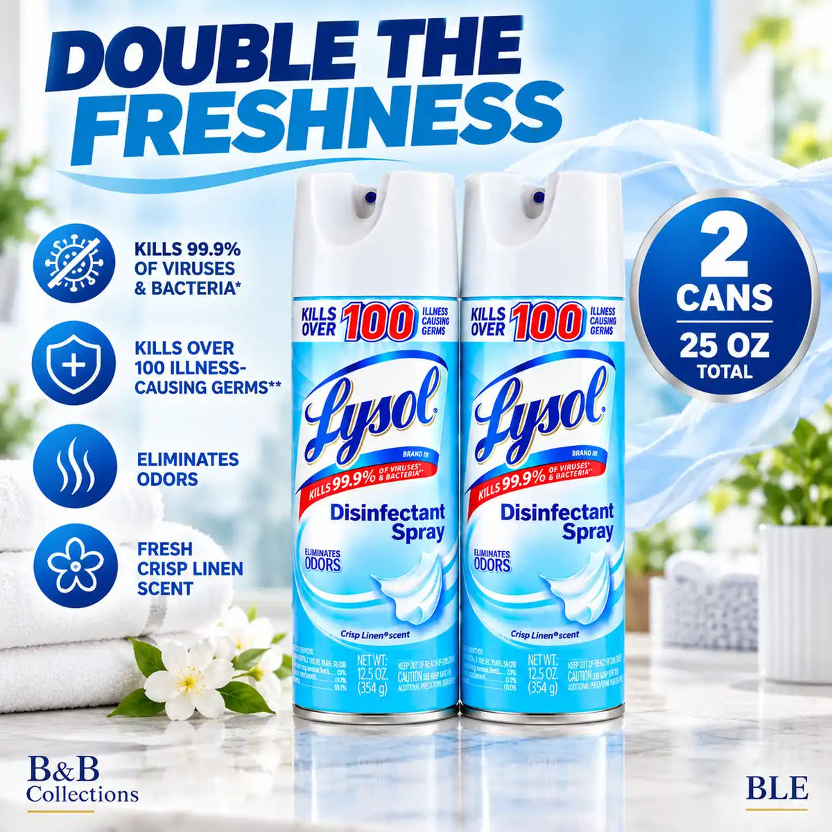 Lysol Disinfectant Spray, Crisp Linen Scent, Kills 99.9% of Viruses & Bacteria, Eliminates Odors, 12.5 oz Cans (Pack of 2)