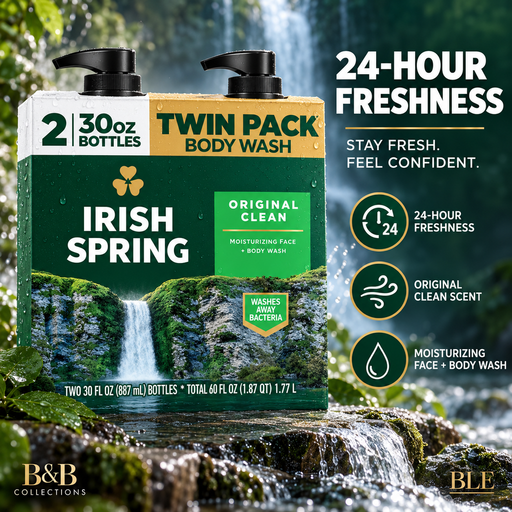 Irish Spring Original Clean Body Wash for Men, Moisturizing Face & Body Wash, 24-Hour Freshness, 30 fl oz Each (Pack of 2, 60 fl oz Total)