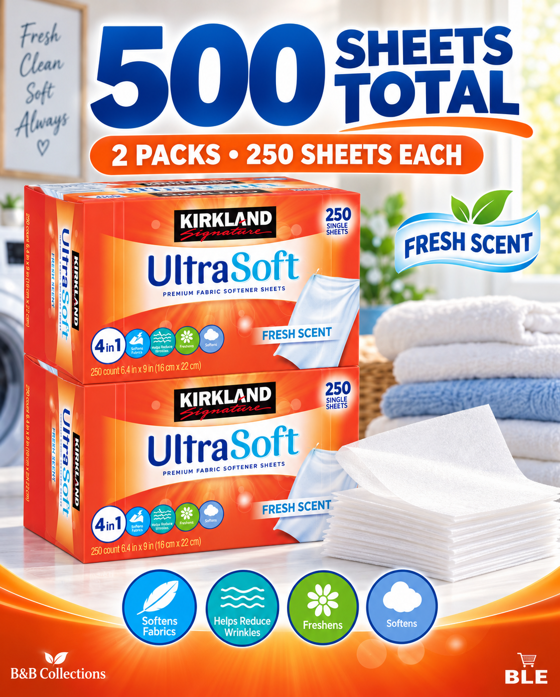 Kirkland Signature UltraSoft Premium Fabric Softener Sheets, Fresh Scent, 500 Count, 2 Packs of 250 Sheets