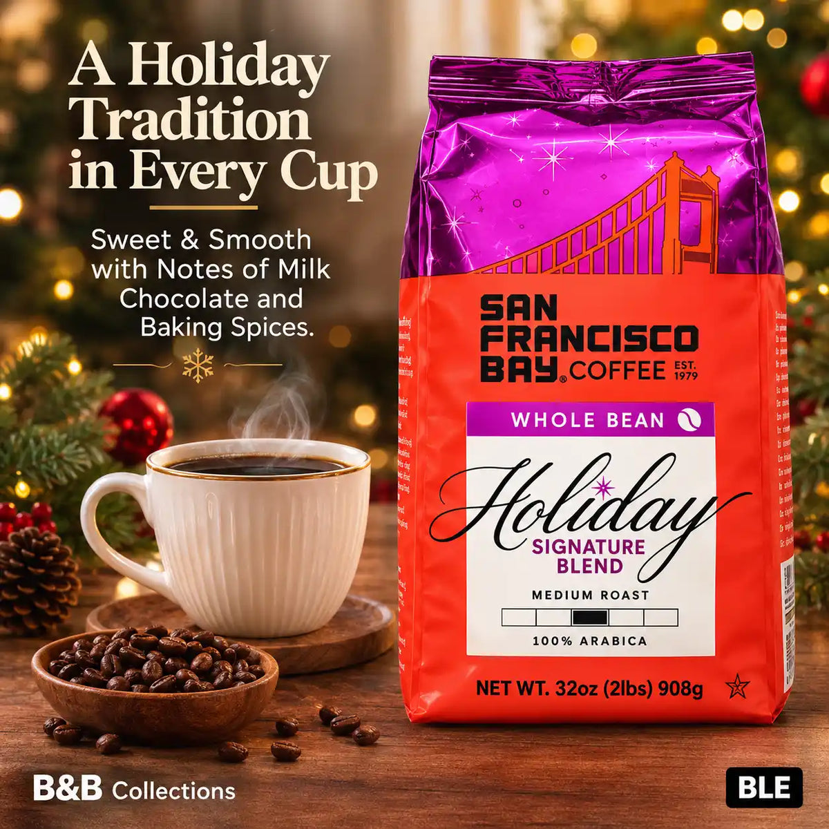 San Francisco Bay Coffee Holiday Signature Blend, Medium Roast, 100% Arabica Whole Bean Coffee, Sweet & Smooth with Notes of Milk Chocolate & Baking Spices, 32 oz (2 lb)