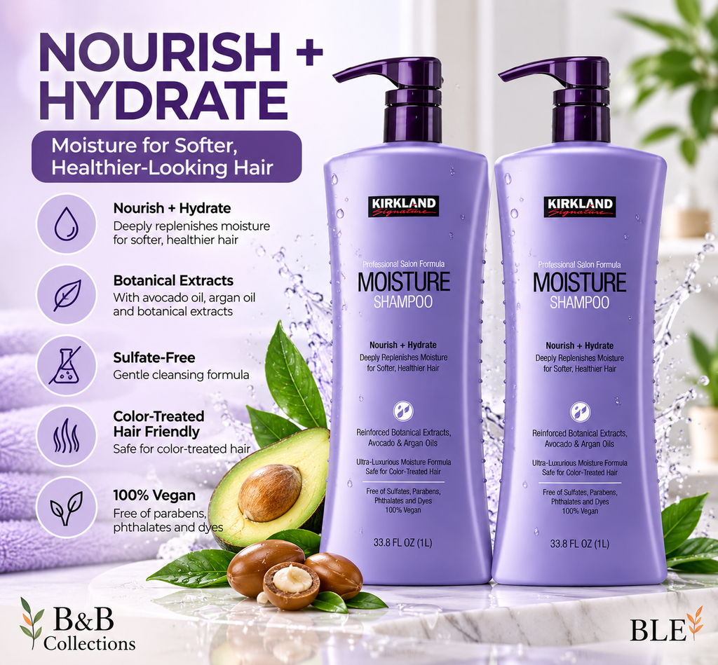 Kirkland Signature Moisture Shampoo, Nourish + Hydrate, Professional Salon Formula, Argan & Avocado Oil, Sulfate-Free, 33.8 fl oz Each, 2-Pack