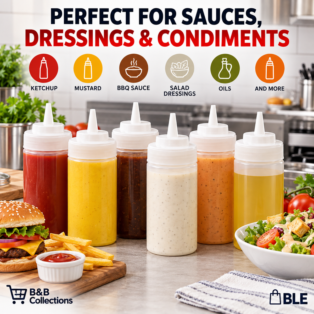 Winco Professional Easy-Fill Wide Mouth Squeeze Bottles, 16 fl oz Each, BPA-Free, No-Leak Design, Open Tip Condiment Dispensers, 6 Pack