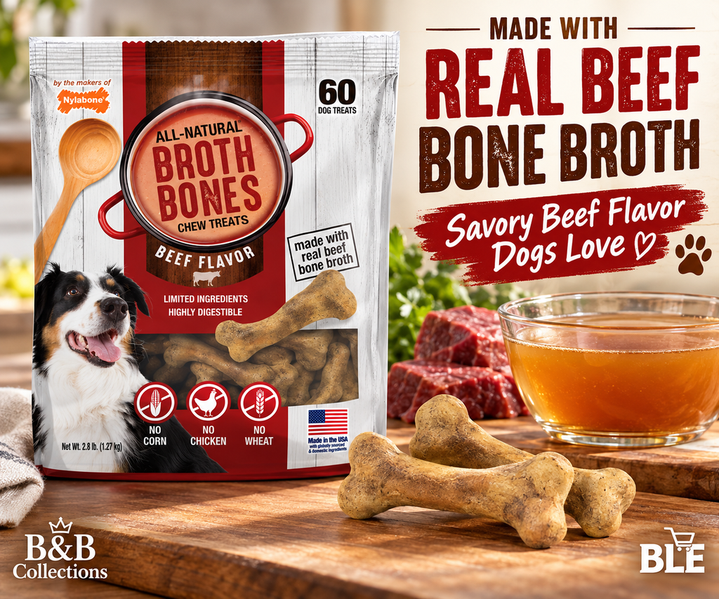 Nylabone Broth Bones All-Natural Edible Dog Chew Treats, Beef Flavor, Made with Real Beef Bone Broth, Highly Digestible, 60 Count