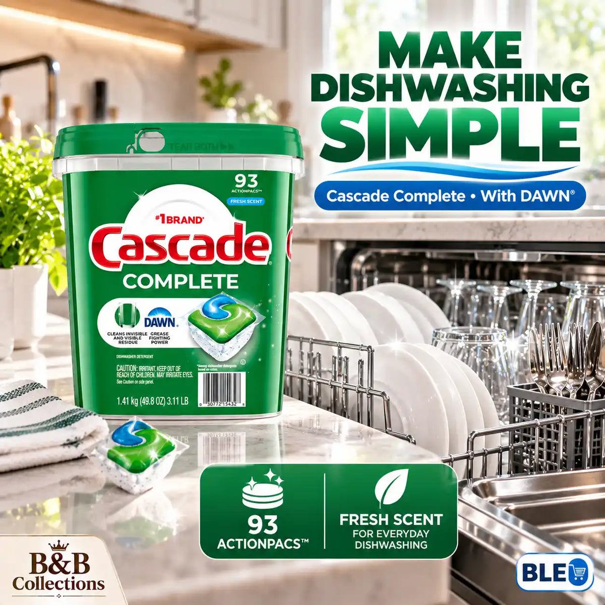 Cascade Complete ActionPacs Dishwasher Detergent with Dawn, Fresh Scent, 93 Count, 49.8 oz