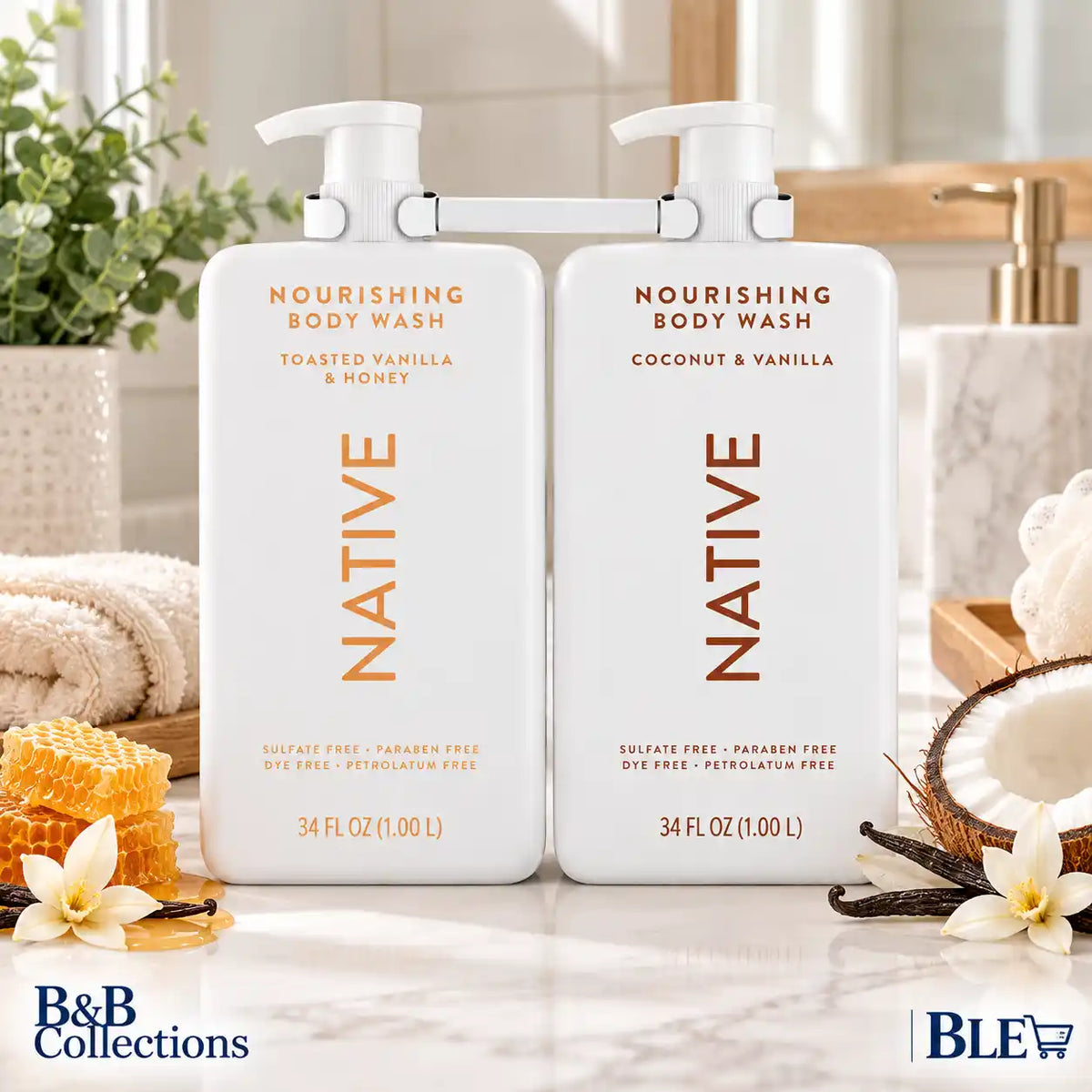 Native Nourishing Body Wash Variety 2-Pack, Toasted Vanilla & Honey + Coconut & Vanilla, Sulfate-Free, Paraben-Free, 34 fl oz Each, 68 fl oz Total