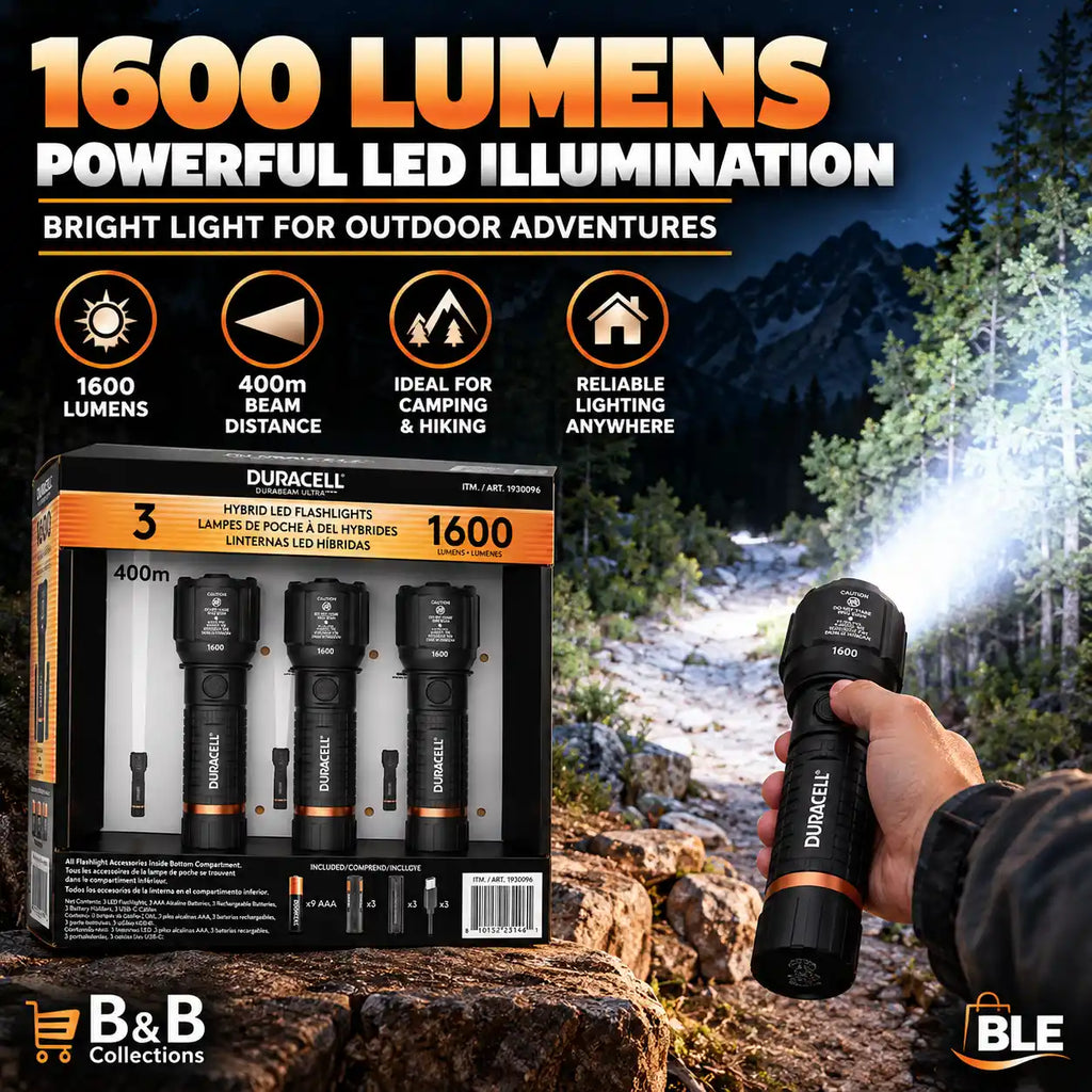 Duracell Hybrid LED Flashlights, 1600 Lumens, 400m Beam Distance, Rechargeable & Battery Powered, 3-Pack, Black