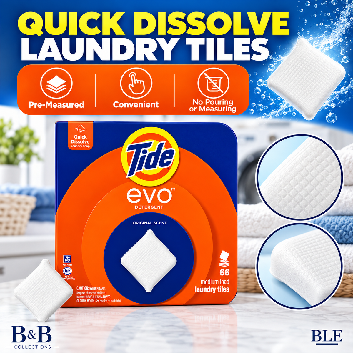 Tide evo Laundry Detergent Tiles, Original Scent, Quick Dissolve, HE Compatible, Medium Loads, 66 Count