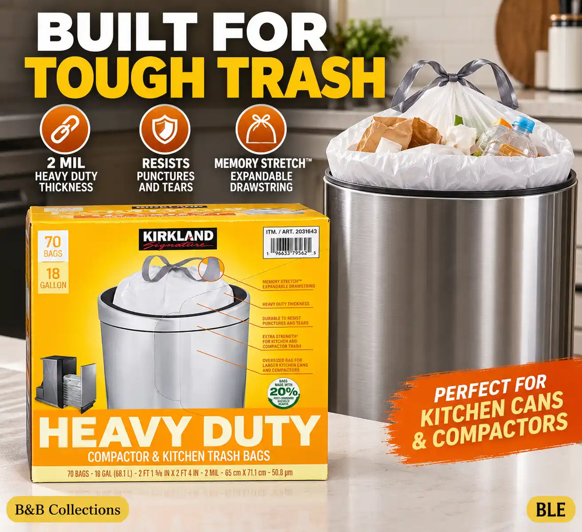 Kirkland Signature 18 Gallon Trash Bags – Heavy Duty Compactor & Kitchen Garbage Bags, 2 Mil Thick, Expandable Drawstring (70 Count)