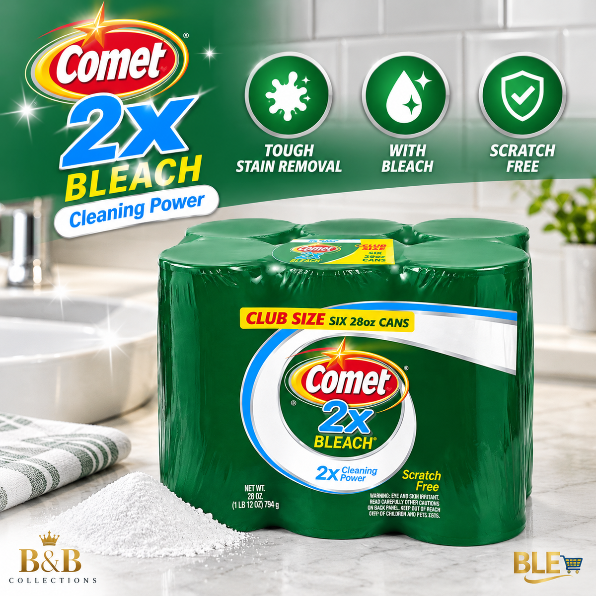 Comet 2X Bleach Powder Cleanser, 28 oz Cans, 6-Pack – Multi-Surface Cleaning Powder for Kitchen & Bathroom, Tough Stain & Grease Removal