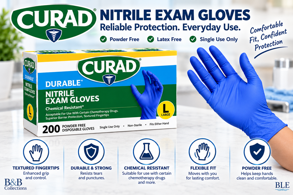 CURAD Durable Nitrile Exam Gloves, Large, Powder-Free, Chemical Resistant, Latex-Free, Disposable, Non-Sterile, 600 Count (3 Boxes of 200)
