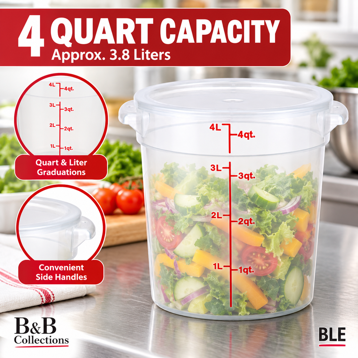 4 Qt Round Food Storage Container with Lid, Clear Graduated Container, Red Quart & Liter Measurement Markings, 3.8 L Capacity