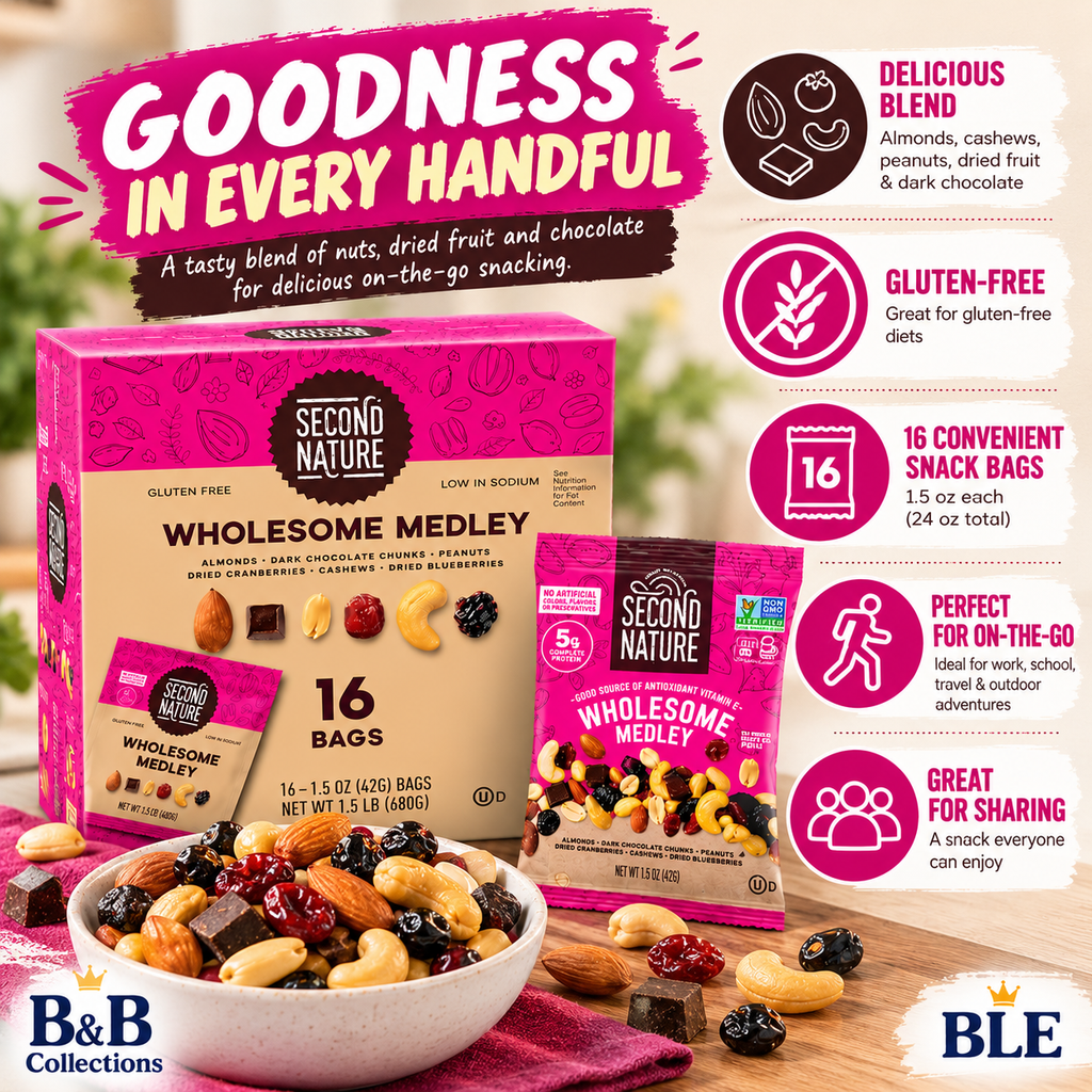 SECOND NATURE Wholesome Medley Trail Mix, Almonds, Cashews, Peanuts, Dried Fruit & Dark Chocolate, Gluten-Free, 1.5 oz Individual Bags, 16 Count