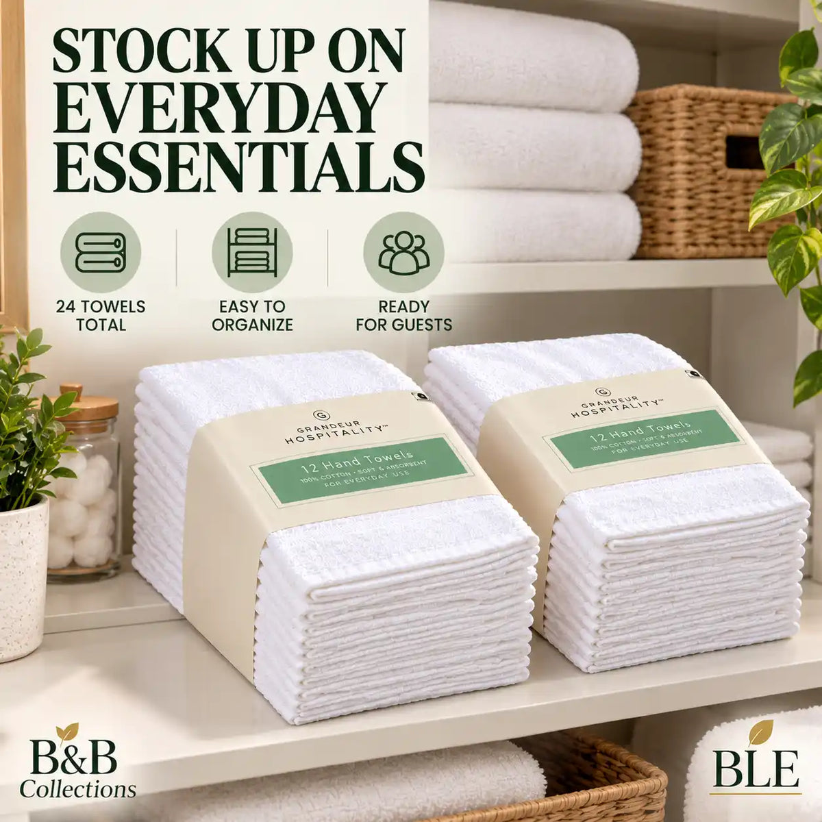 Grandeur Hospitality White Hand Towels, Soft & Absorbent Cotton Towels for Bathroom, Guest Room, Hotel & Spa, 12 Count per Bundle (2-Pack, 24 Towels Total)