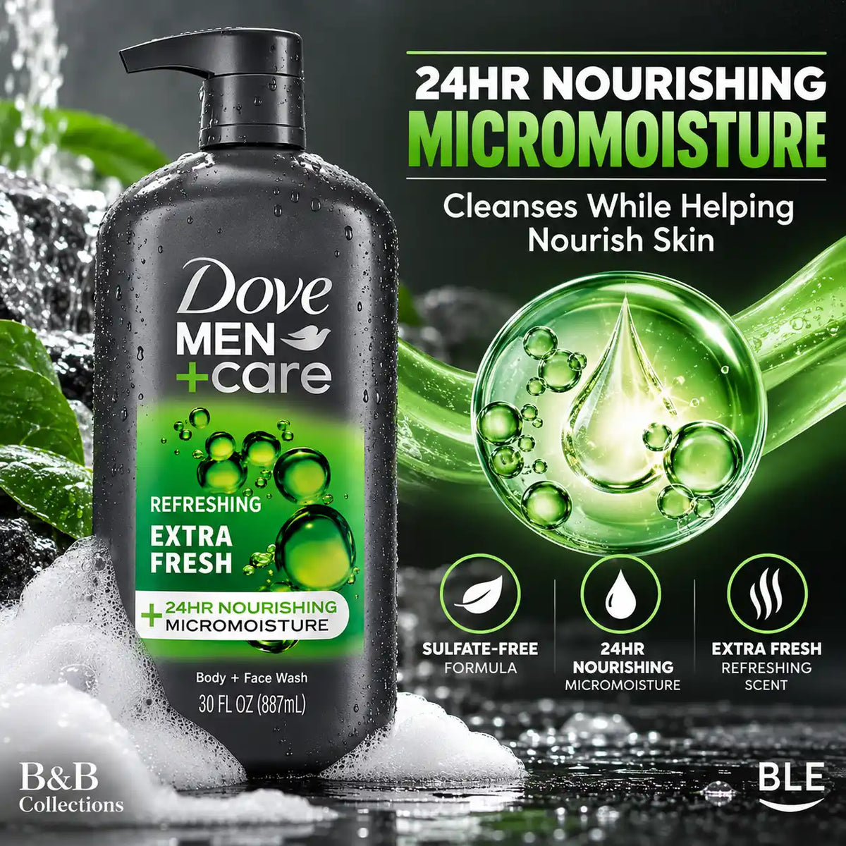 Dove Men+Care Extra Fresh Body & Face Wash, Sulfate-Free, 24HR Nourishing MicroMoisture, Refreshing Scent, 30 fl oz Each, 2-Pack (60 fl oz Total)
