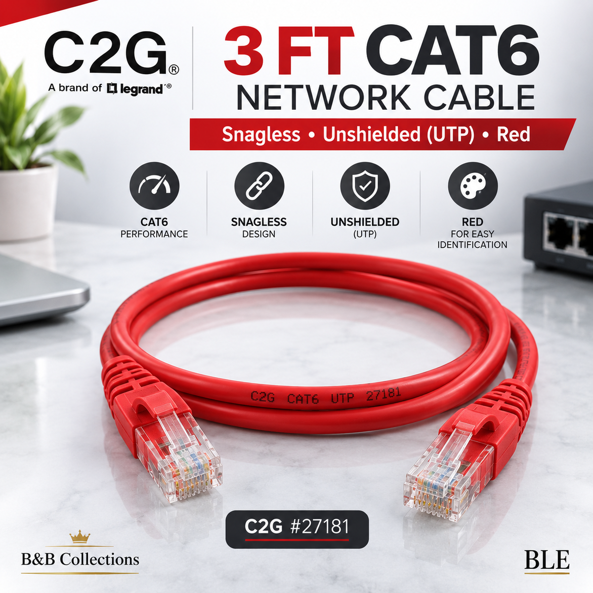 C2G 3ft Cat6 Snagless Unshielded (UTP) Ethernet Network Patch Cable, Red