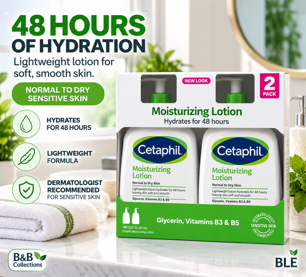 Cetaphil Moisturizing Lotion for Normal to Dry Sensitive Skin, 48-Hour Hydration, Glycerin, Vitamins B3 & B5, 20 fl oz Each, 2-Pack