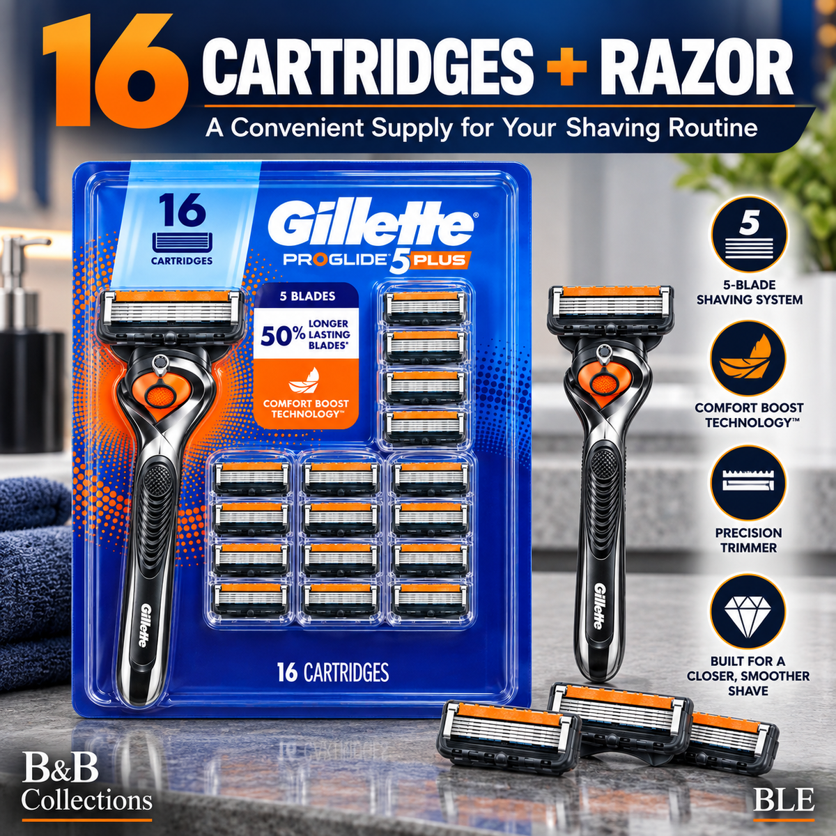 Gillette ProGlide 5 Plus Men’s Razor with 16 Cartridges, 5-Blade Shaving System, Comfort Boost Technology & Precision Trimmer