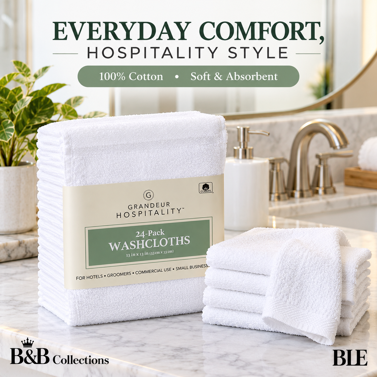 Grandeur Hospitality Washcloths, 100% Cotton, Soft & Absorbent, 13" x 13", White, 24-Pack, for Bathroom, Hotels, Spa & Everyday Use