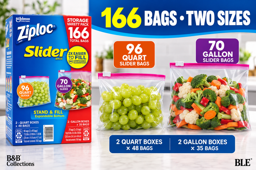 Ziploc Slider Storage Bags Variety Pack, Quart & Gallon, Expandable Bottom, 166 Count