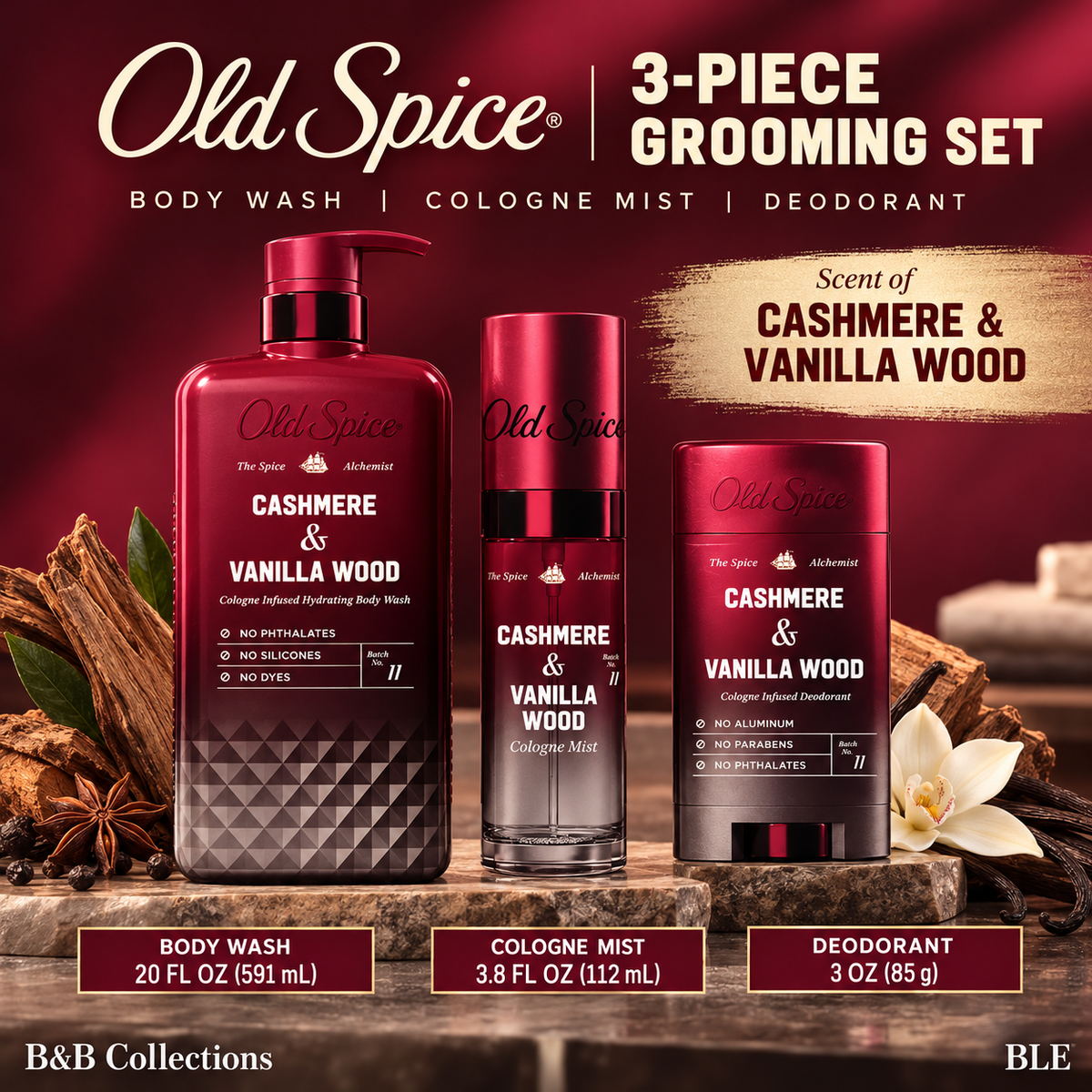 Old Spice The Spice Alchemist Cashmere & Vanilla Wood 3-Piece Gift Set, Body Wash 20 fl oz, Cologne Mist 3.8 fl oz & Deodorant 3 oz
