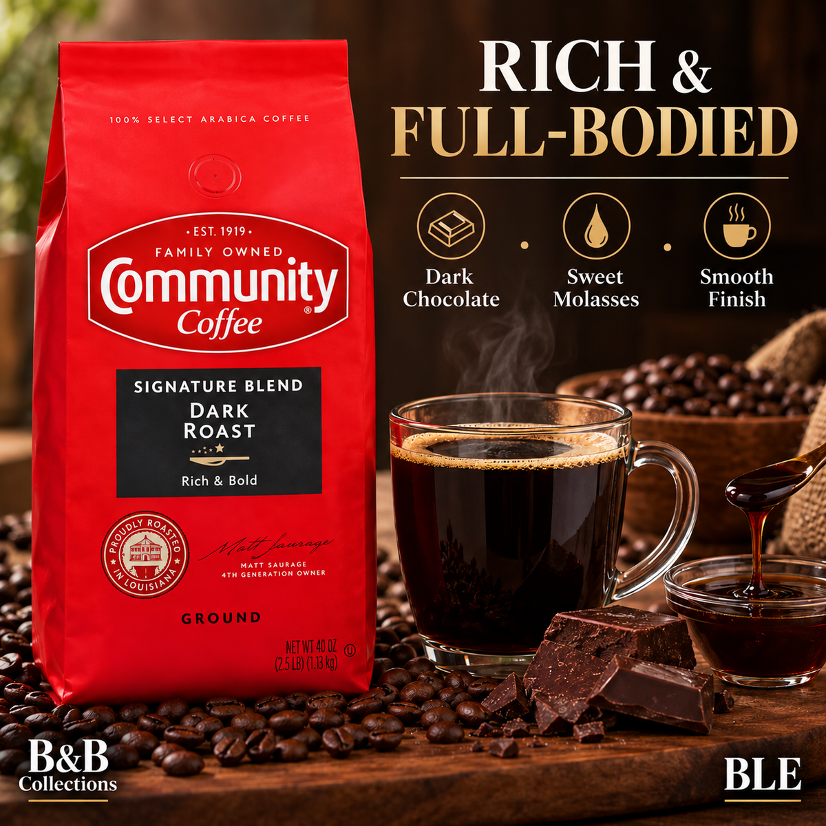 Community Coffee Signature Blend Dark Roast Ground Coffee, Rich & Full-Bodied, 100% Arabica, 40 oz