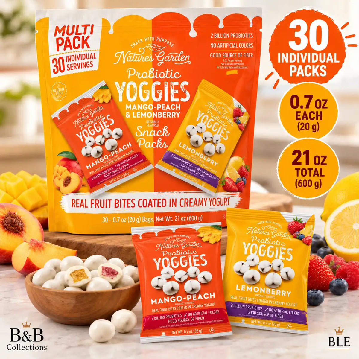 Nature's Garden Probiotic Yoggies Fruit Snacks, Mango-Peach & Lemonberry Flavors, Yogurt-Coated Fruit Bites, 2 Billion Probiotics, Gluten-Free, 30 Individually Packaged Packs, 21 oz